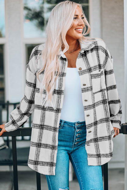 Plaid Curved Hem Dropped Shoulder Longline Shirt Jacket