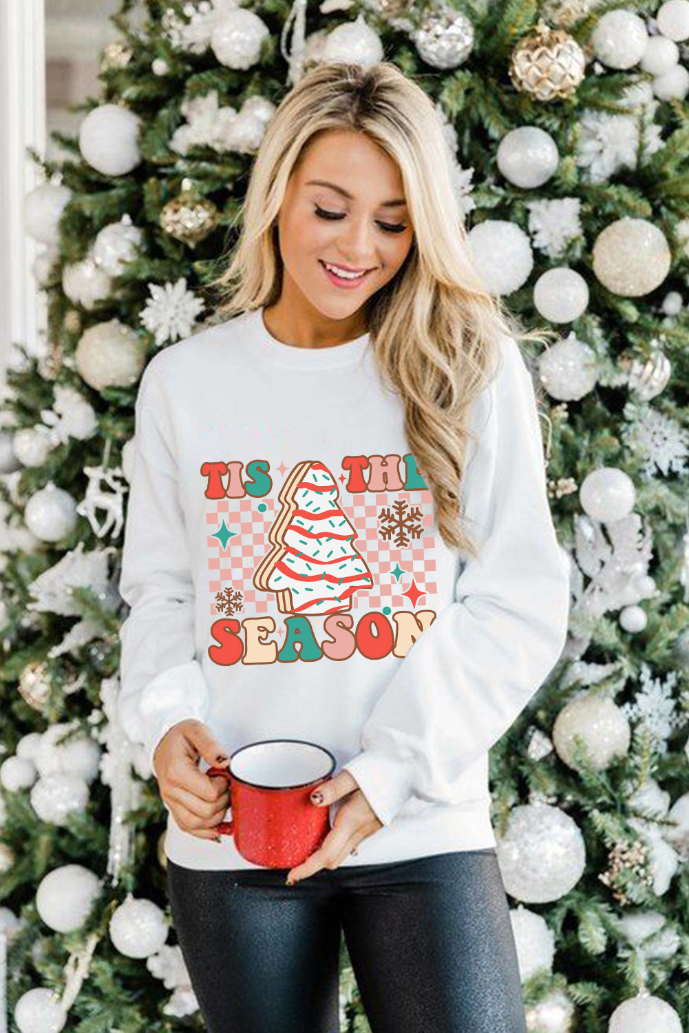 Beige TIS THE SEASON Christmas Tree Graphic Crewneck Sweatshirt