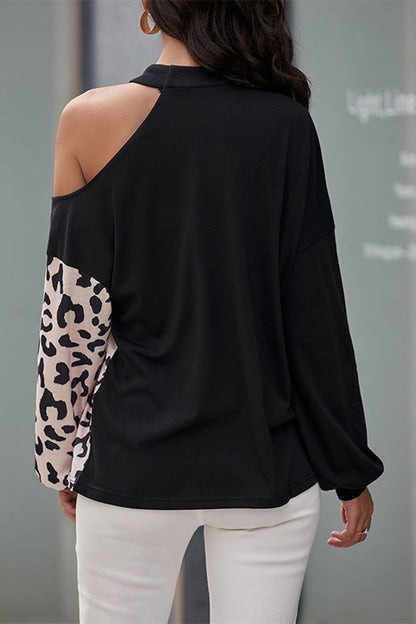 Perfee Two-Tone Leopard Cold Shoulder Top