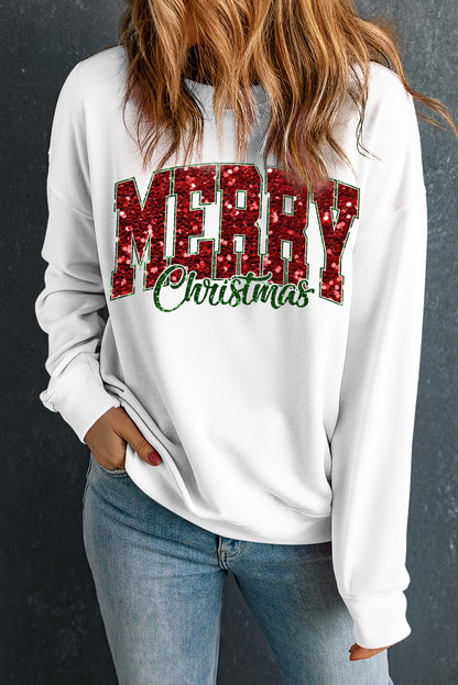 Beige MERRY Christmas Heat Transfer Printing Graphic Crewneck Pullover Sweatshirt