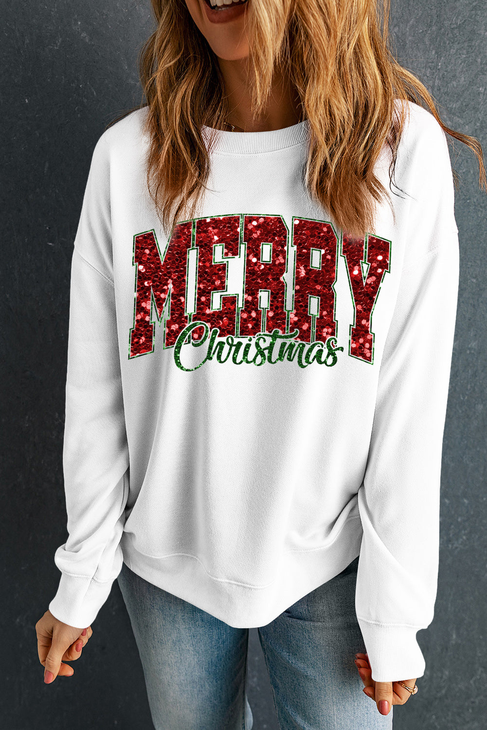 Beige MERRY Christmas Heat Transfer Printing Graphic Crewneck Pullover Sweatshirt