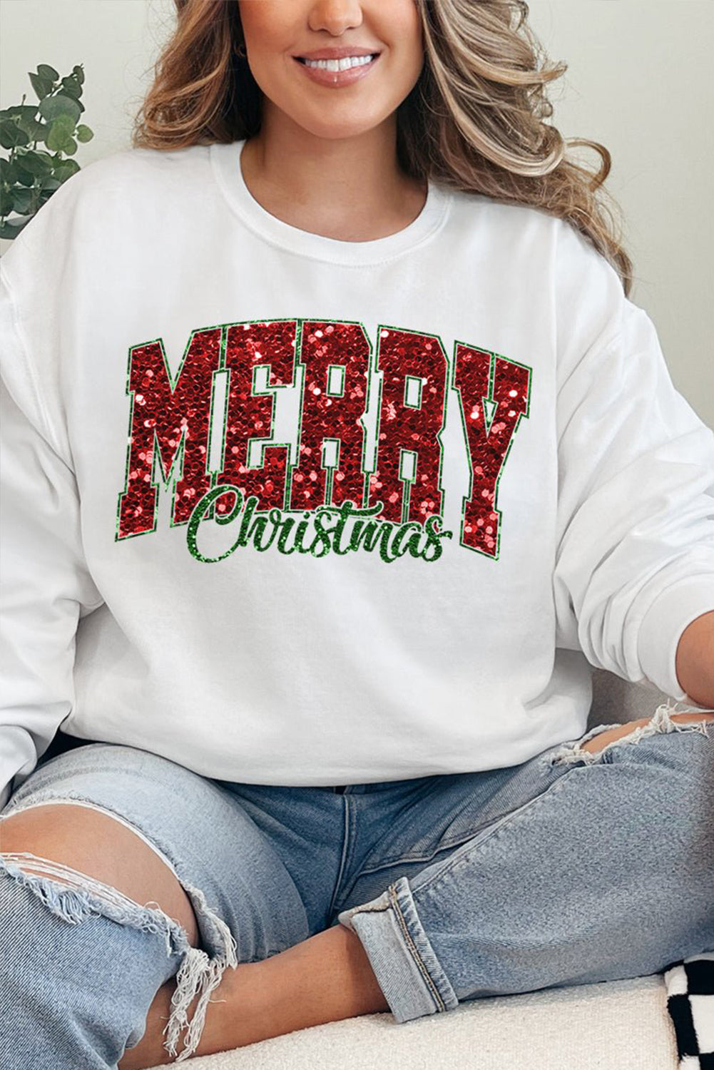 Beige MERRY Christmas Heat Transfer Printing Graphic Crewneck Pullover Sweatshirt