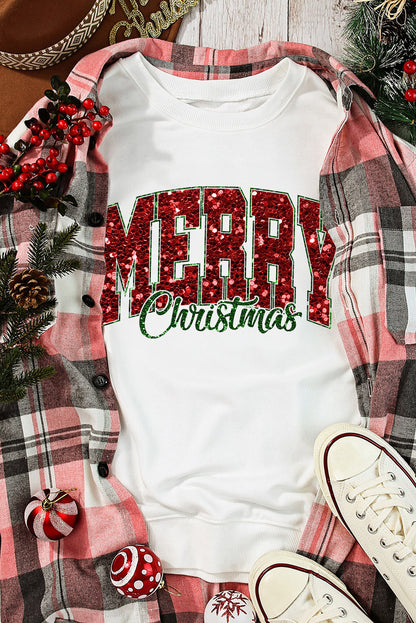 Beige MERRY Christmas Heat Transfer Printing Graphic Crewneck Pullover Sweatshirt