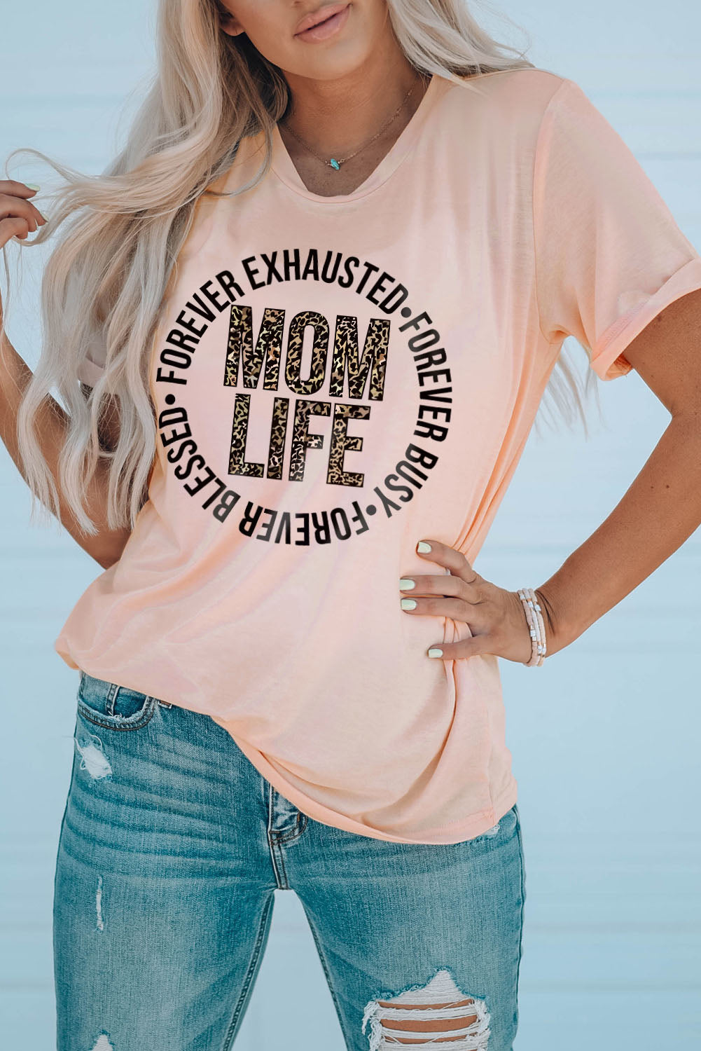 MOM LIFE Leopard Graphic Cuffed Tee