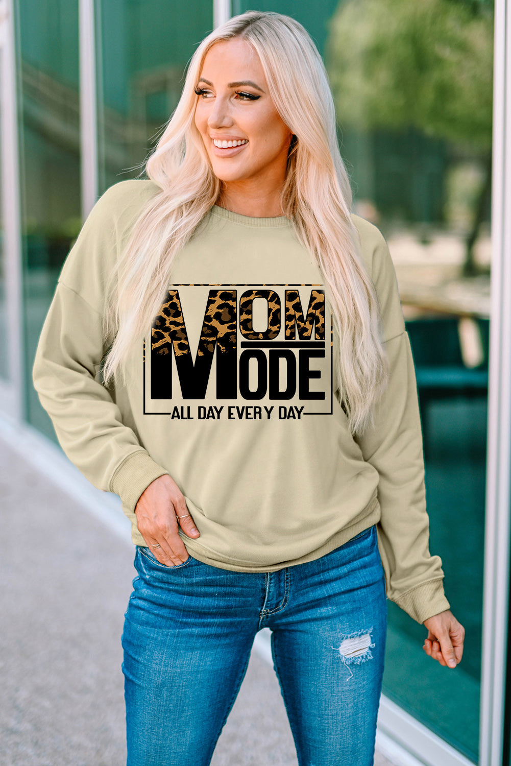 Mom Mode Letter Graphic Leopard Dropped Shoulder Sweatshirt