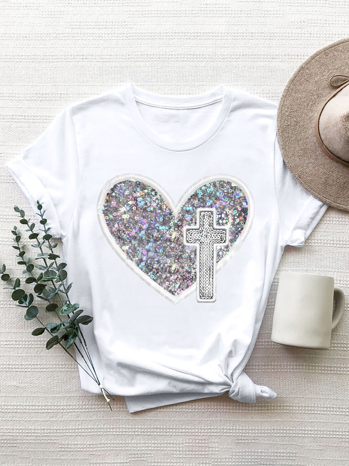 Faith Heart Round Neck Short Sleeve T-Shirt