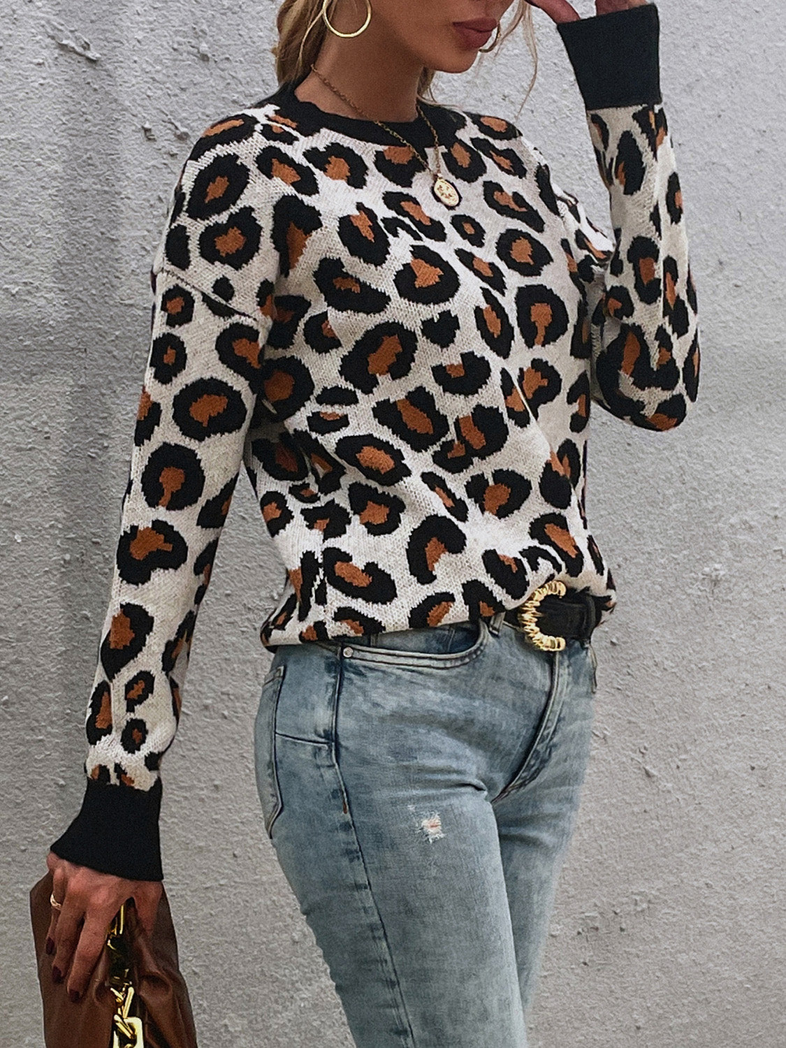 Leopard Round Neck Dropped Shoulder Sweater