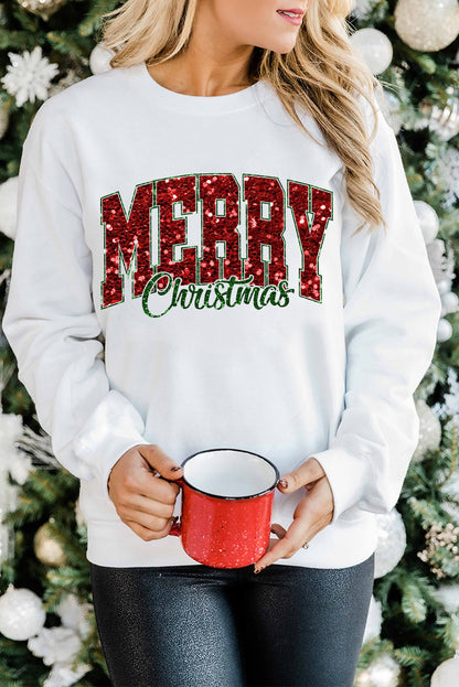 Beige MERRY Christmas Heat Transfer Printing Graphic Crewneck Pullover Sweatshirt