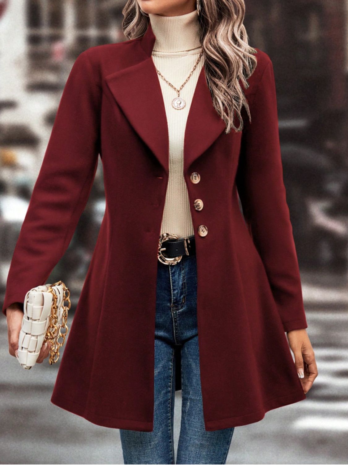 Collared Neck Button Up Long Sleeve Coat