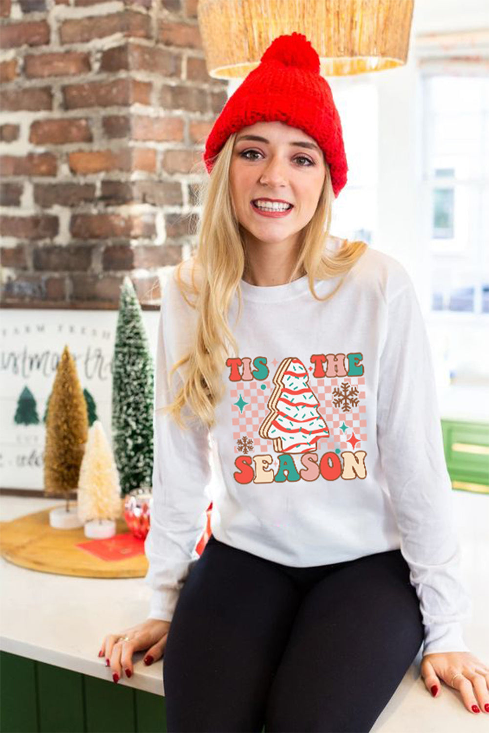 Beige TIS THE SEASON Christmas Tree Graphic Crewneck Sweatshirt