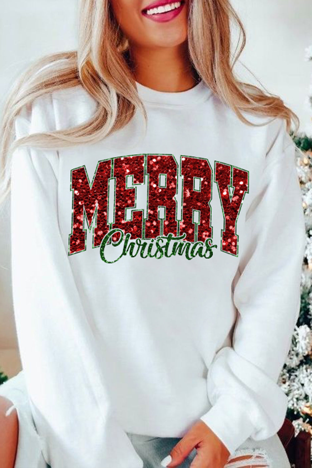 Beige MERRY Christmas Heat Transfer Printing Graphic Crewneck Pullover Sweatshirt