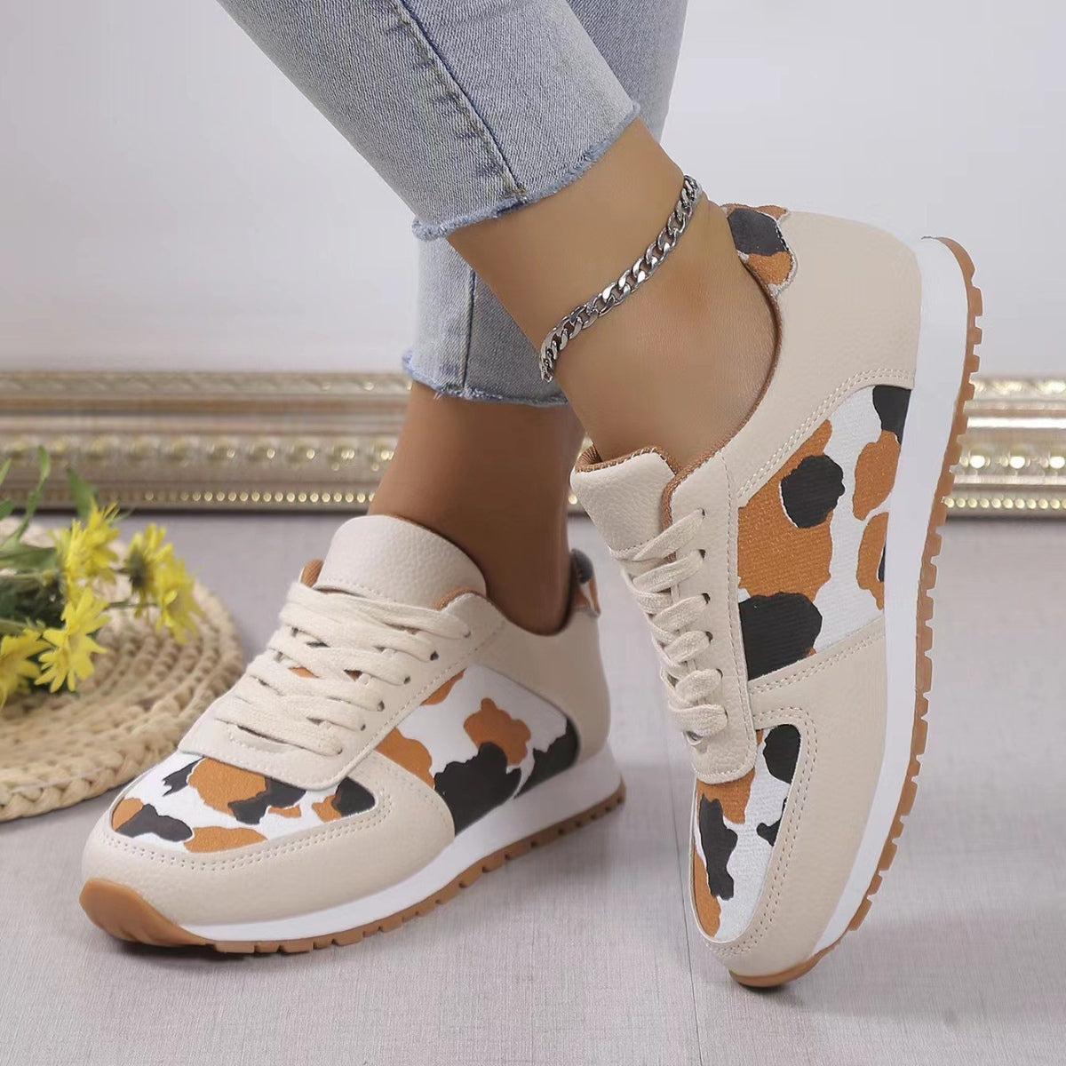 Tied Printed PU Leather Athletic Shoes