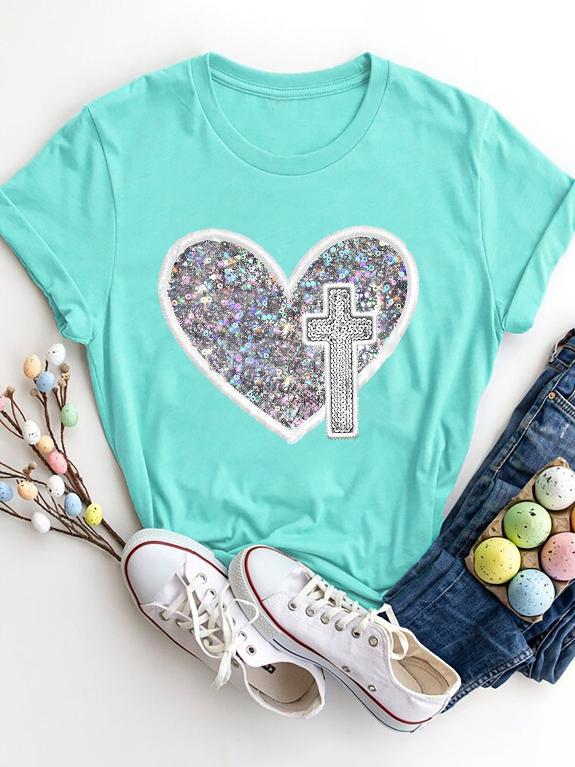 Faith Heart Round Neck Short Sleeve T-Shirt